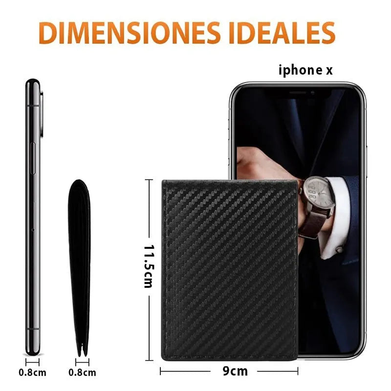 Black men's anti-magnetic wallet with PU leather outer, microfiber lining, and sewing line detail