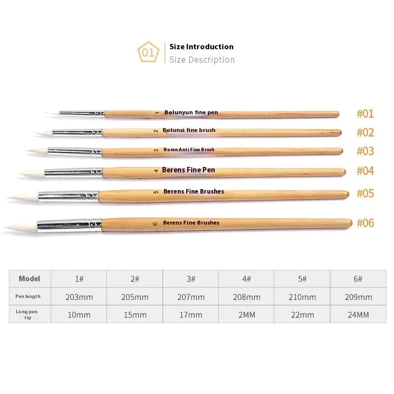 Set of six wooden handled hook line pen brushes with wool pointed tips on a white background.