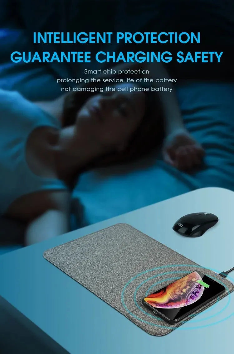 Foldable cloth phone holder with wireless charging, shown upright with a phone on it.