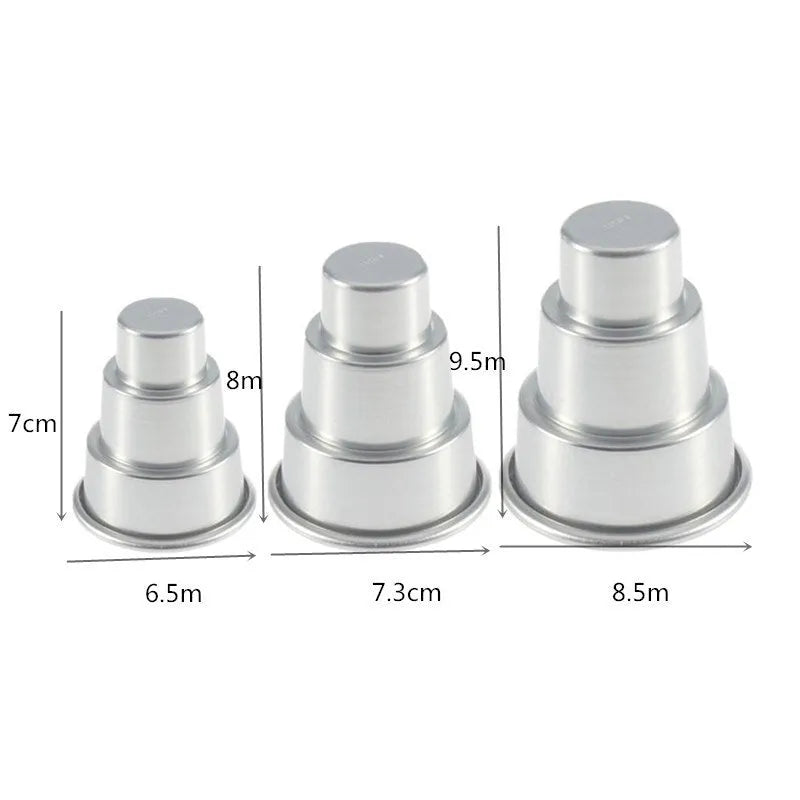 Silver aluminium alloy mini three-layer cake mould set showing large, medium, and small pudding cups.