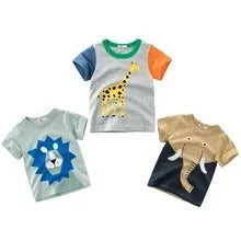 Boys' cotton T-shirt with animal print option, shown in sizes from 90cm to 140cm on a size chart.