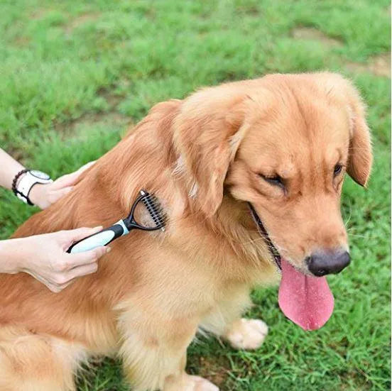 Blue pet dematting comb with stainless steel teeth and soft handle for dogs and cats