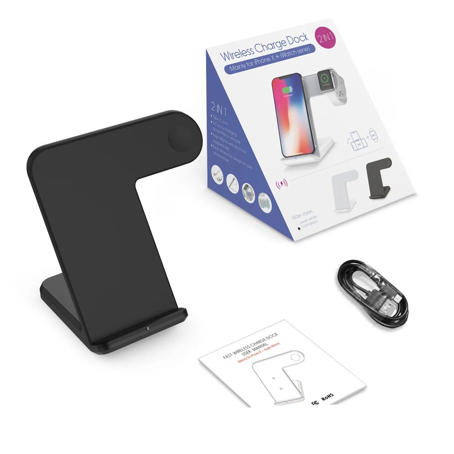 Black and white wireless fast charging pad for mobile phones on a desk