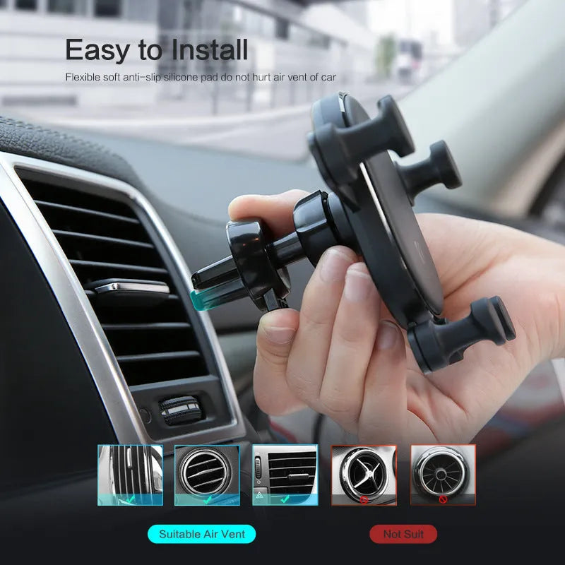 Black car phone holder with gravity bracket and 360 rotation on car dashboard