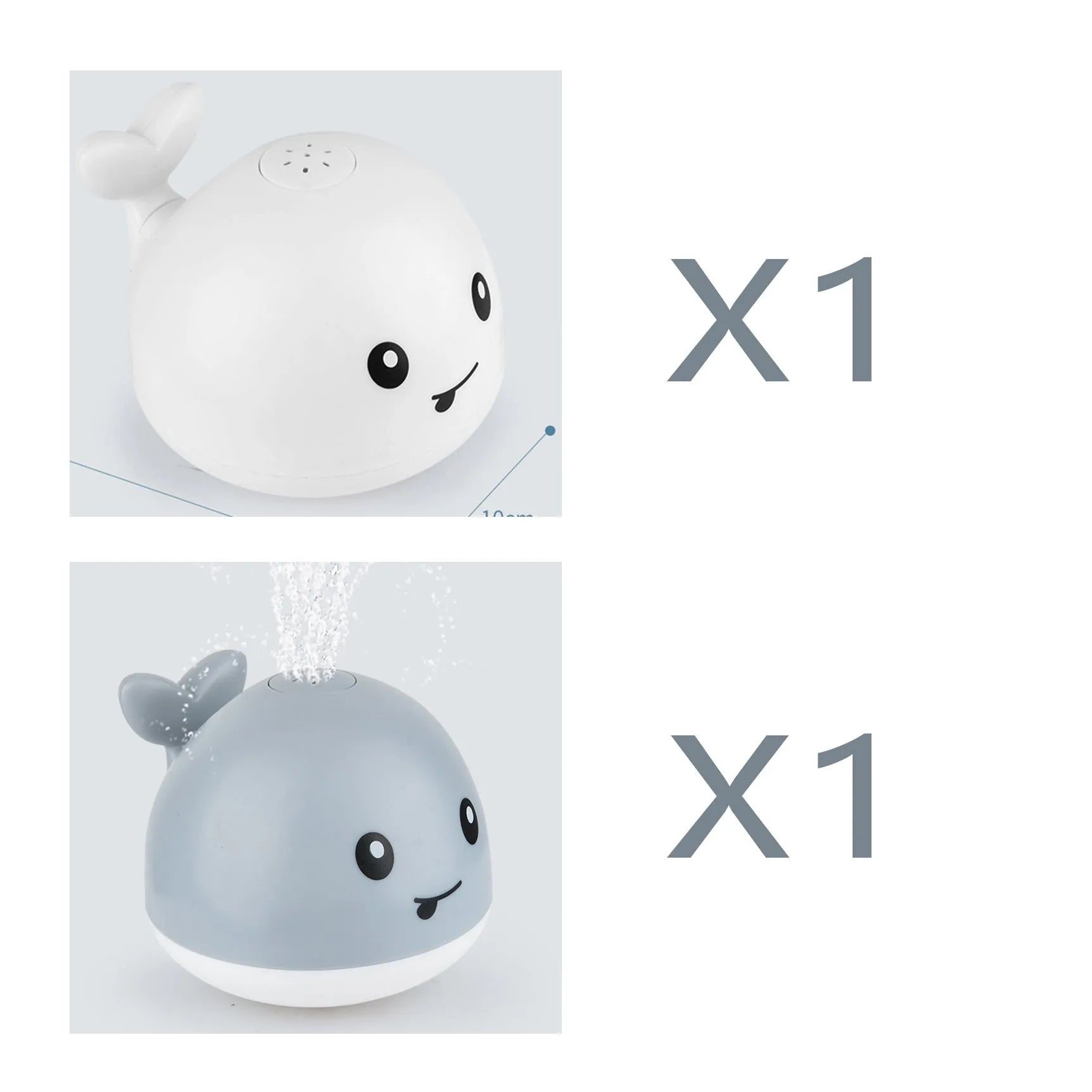 Automatic electric whale bath toy spraying water with LED lights on, floating in a baby bath.