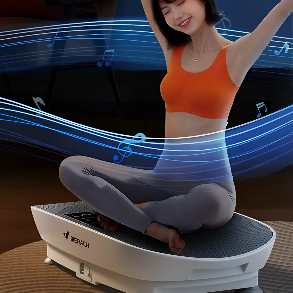 Grey or pink portable smart power plate vibrating exercise platform showing dimensions and US plug