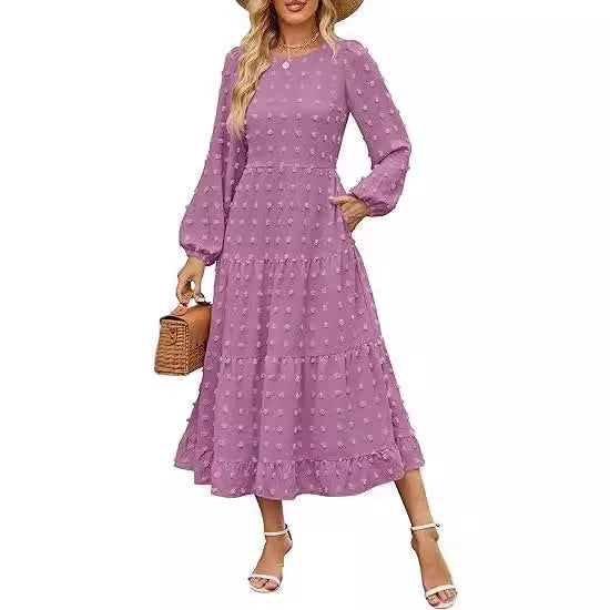 Women's high waist autumn dress with long ruffled sleeves in a solid colour