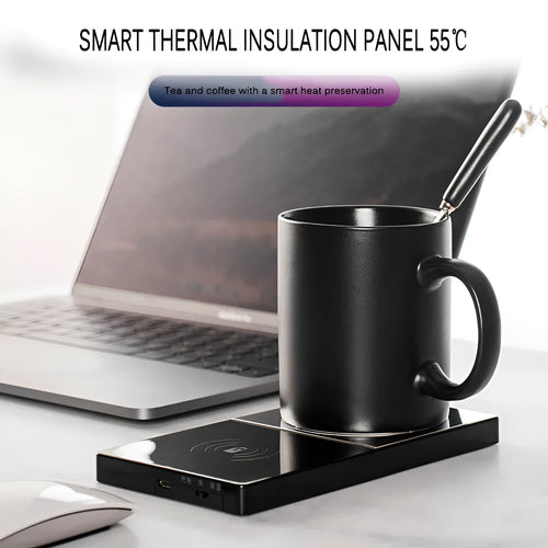 2-in-1 heating mug cup warmer with wireless charger on a desk with a glass mug