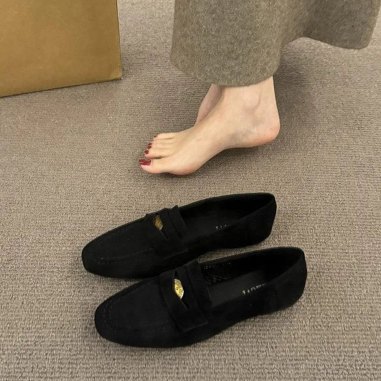 Suede leather shoes with thick bottom flat heel round toe oversleeves design black colour
