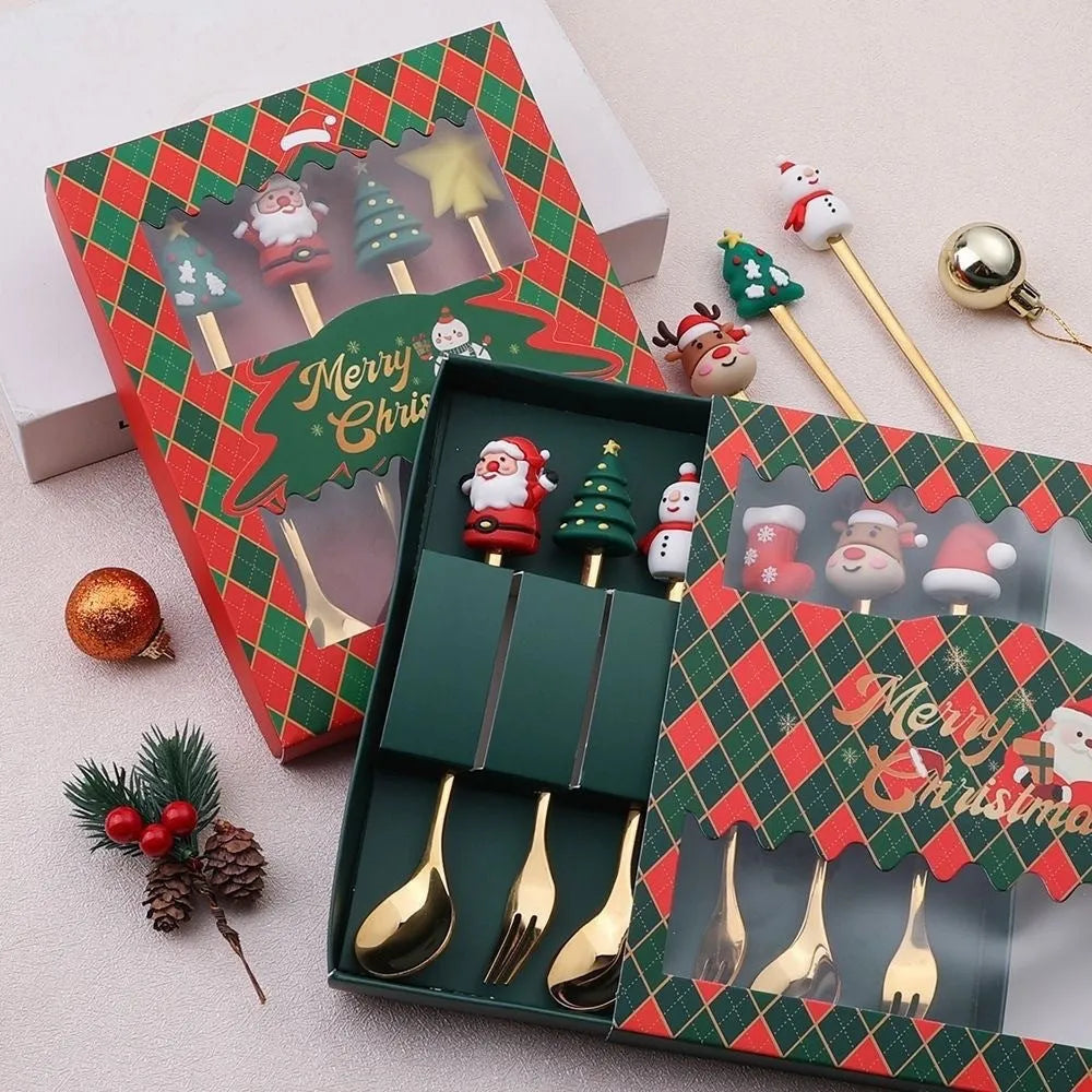Stainless steel Christmas spoon and fork set with red handles and mirror-polished finish featuring Christmas tree and snowman patterns