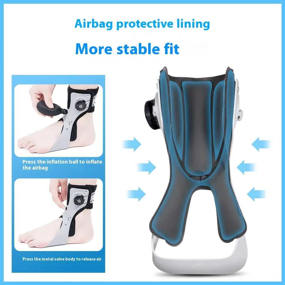Grey and black ankle support brace with airbag button system for training and rehabilitation