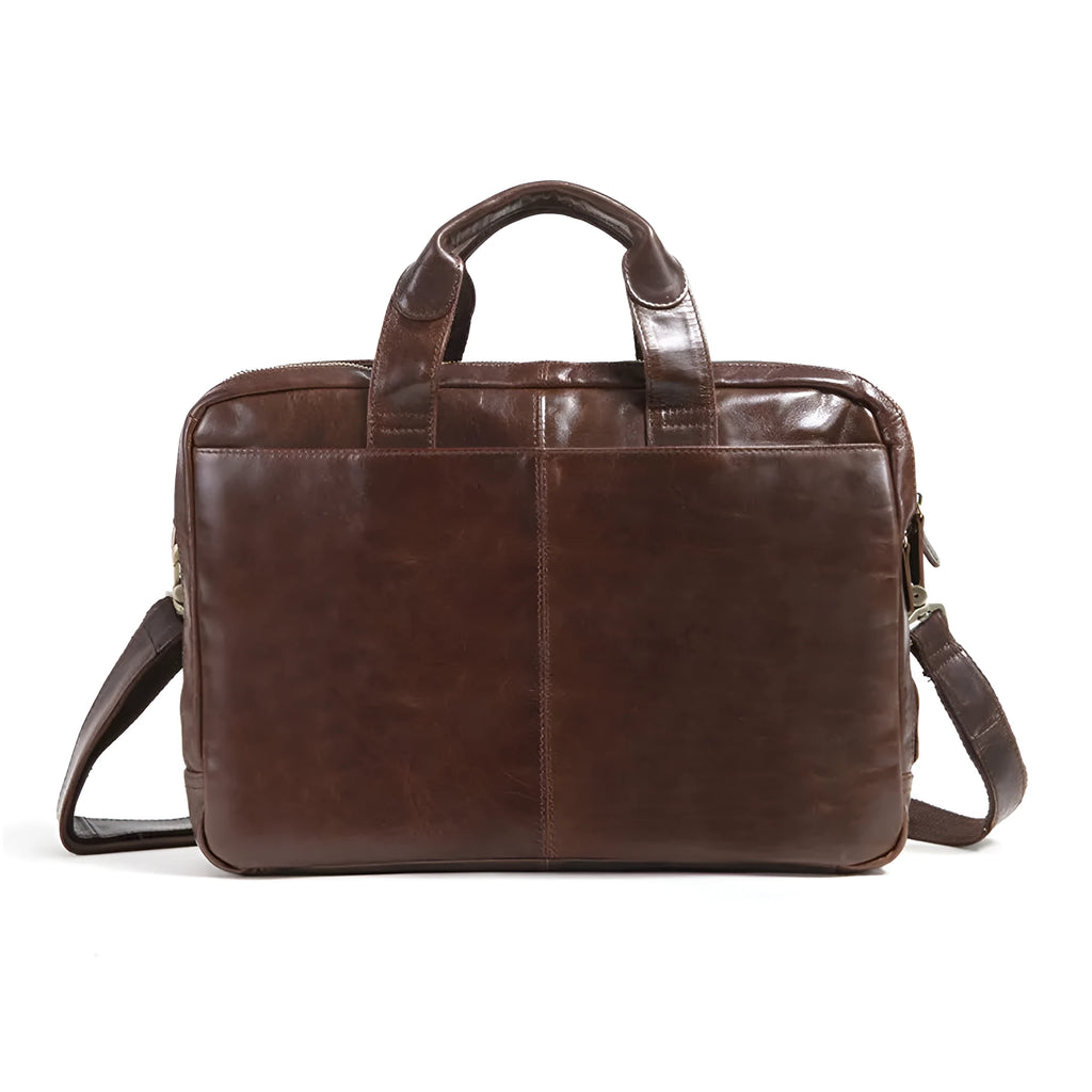 Brown men's first layer cowhide business briefcase 18 inch laptop bag on table