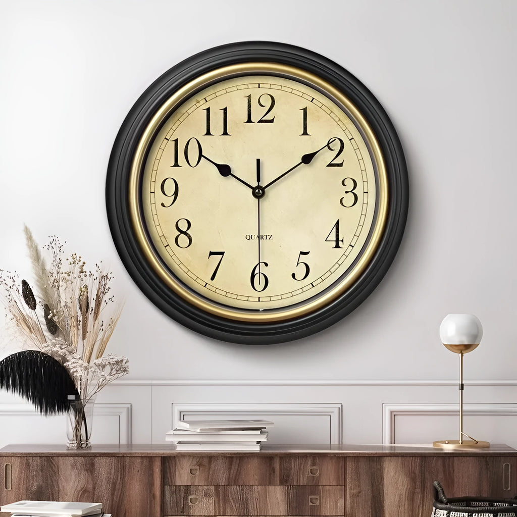 American retro noiseless wall clock 12 inch diameter 29cm glass shell punch-free golden circle Arabic numerals
