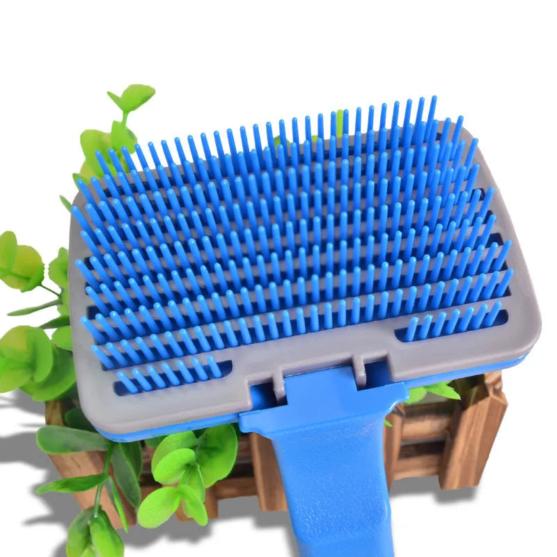 Self-cleaning pet brush comb with durable plastic body, comfortable handle, and 16 x 10 cm size for dogs and cats