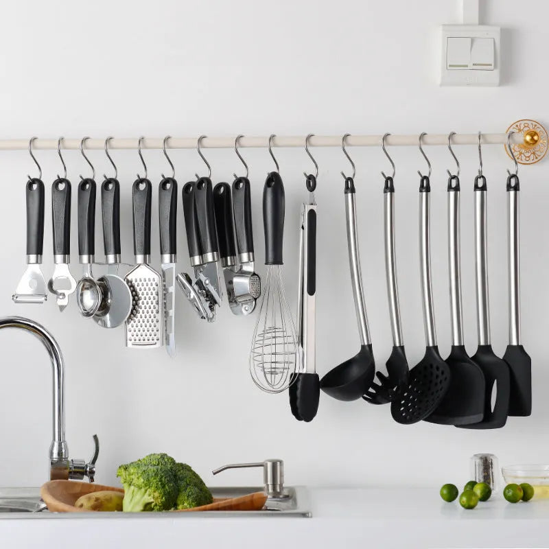 Black silicone kitchen spatula and spoon set with stainless steel handles - 16 piece cooking utensil collection