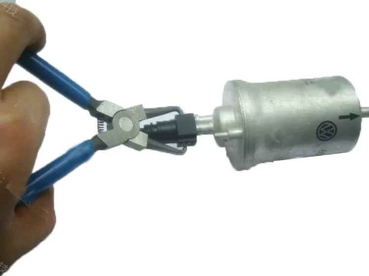 Automotive caliper tubing pliers with iron construction and rubber grips for fuel line maintenance