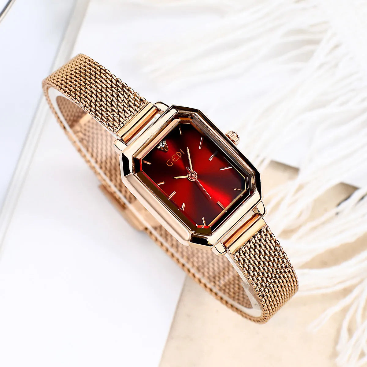 Square retro casual watch for women with rose shell case and multiple colour options