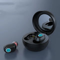 Mirror wireless headset in white or black with Bluetooth V5.0, 8mm speaker, and charging compartment.