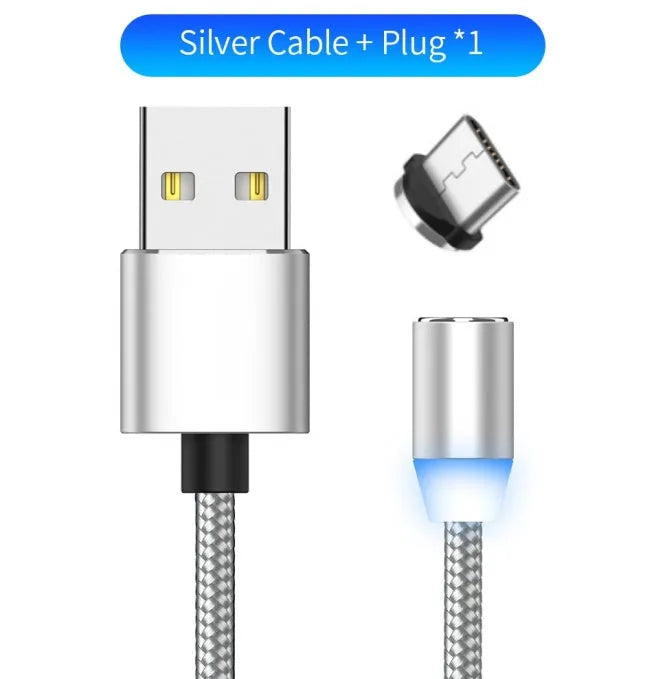 YBD black and red magnetic charging cable with cotton braid and LED light on a table