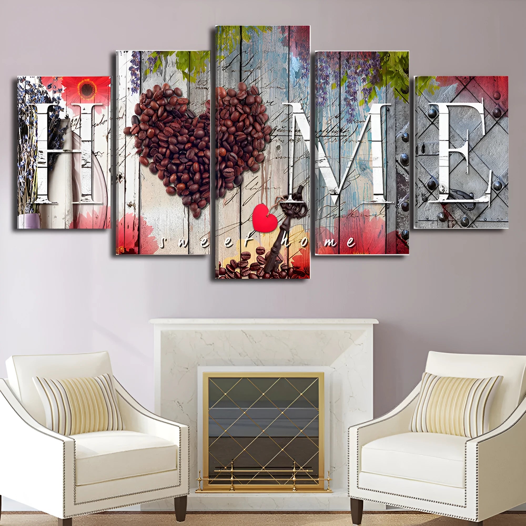 Set of five red unframed canvas wall art prints in graduated sizes arranged on a wall.