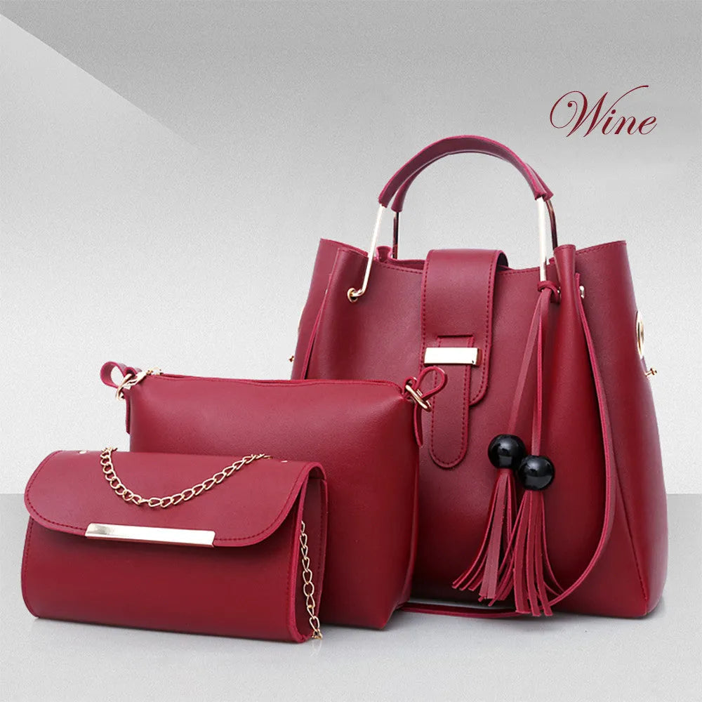 Women's 3-piece PU leather handbag set with shoulder bag, crossbody bag, handbag, tassel and metal handle