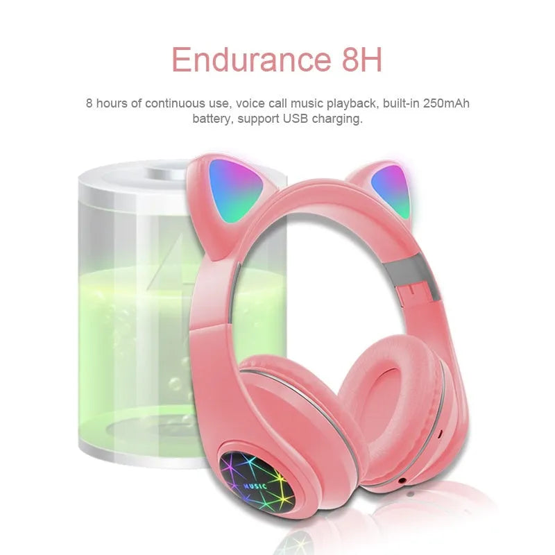 Cat ear style wireless Bluetooth sports headset shown in multiple colour options including pink, blue, and black.