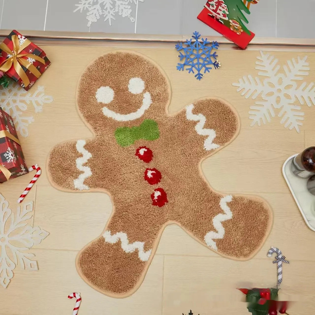 Square Christmas-themed polyester hallway mat with festive print and non-slip backing.