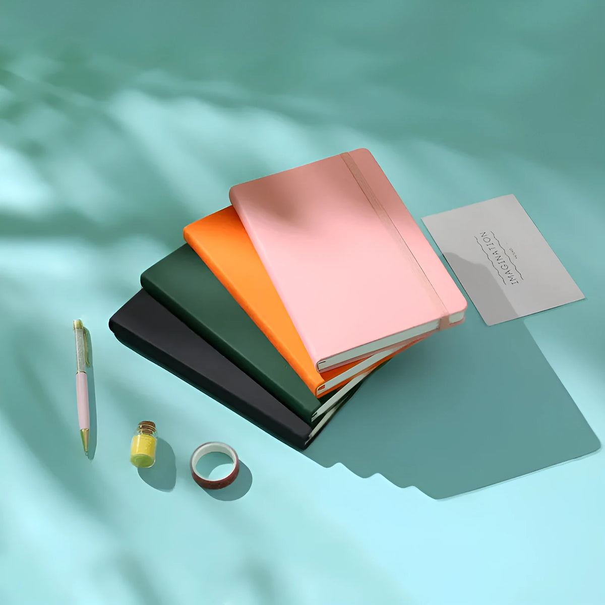 A5 tactile PU hardcover notebook with 96 sheets of 100gsm white paper and sewn adhesive binding, shown in available cover colours.