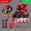 Yellow children's adjustable inline skates with aluminium frame, PU wheels, helmet, and protective gear on a backpack.