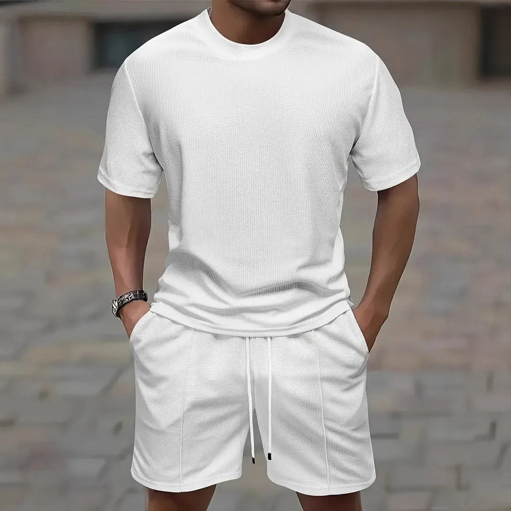 Men's waffle texture short sleeve blouse and shorts set in polyester fabric for summer wear