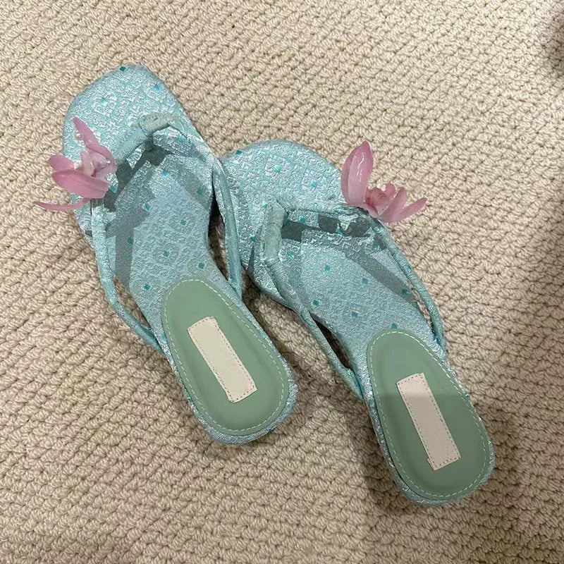 Blue cowhide leather square-toe flower flip-flop for women, size 37, street style