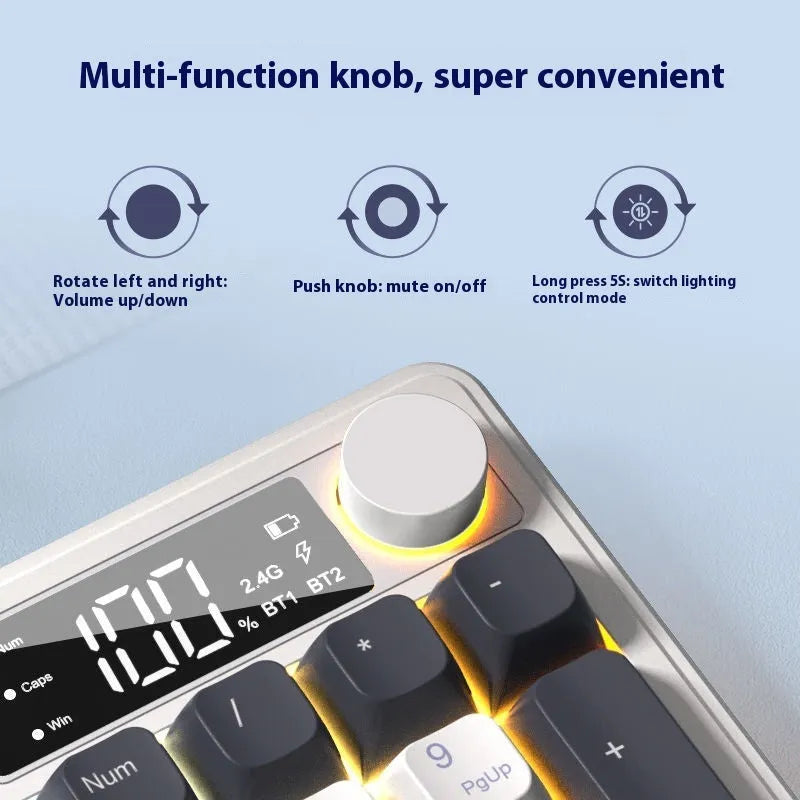 Wireless blue and white mechanical feel keyboard and mouse set on a desk with a Type-C cable.