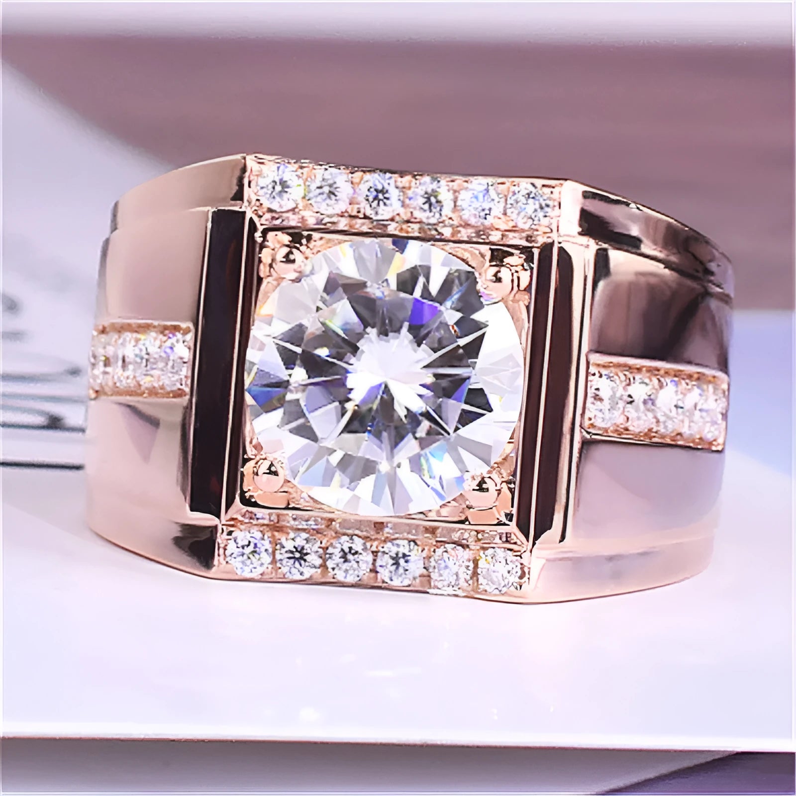 Men's adjustable opening ring with geometric diamond design in rose gold, gold, or platinum electroplated finish