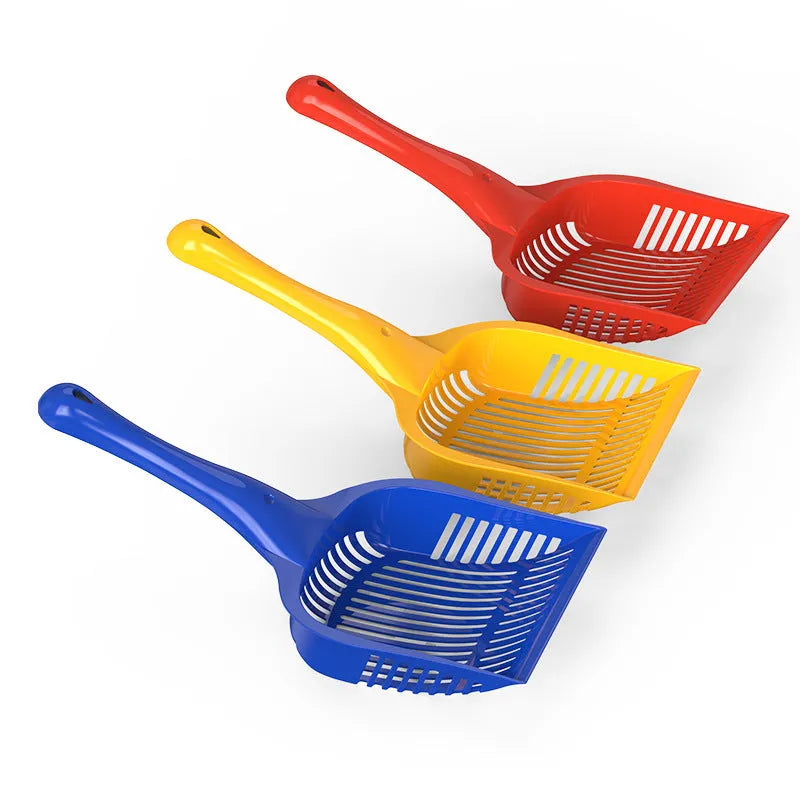 Plastic cat litter scoop in red, yellow, or blue colours with medium or small size options