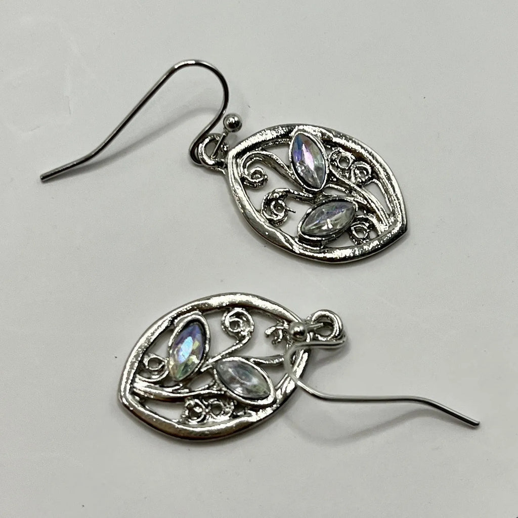Women's silver leaf-shaped drop earrings with embedded colourful moonstone gemstones