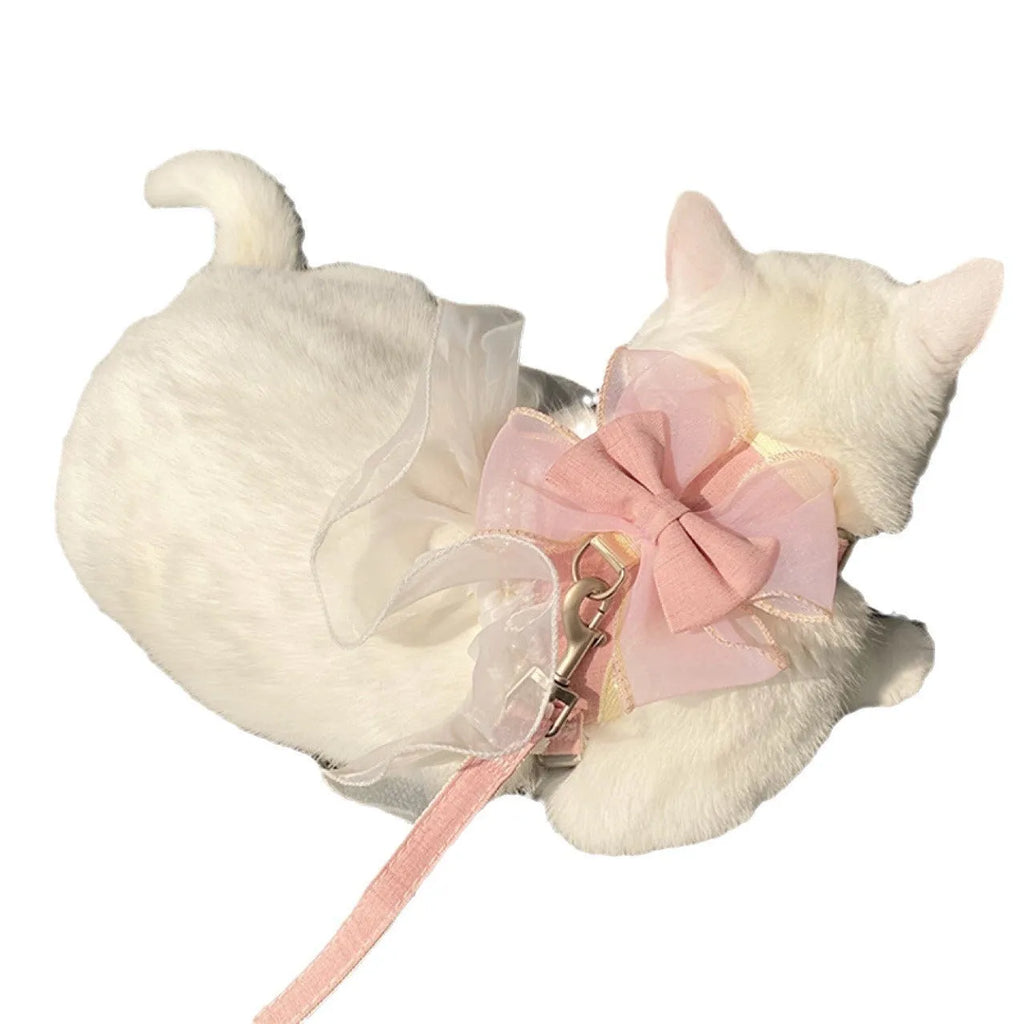 Vest-style nylon pet leash with pearl chiffon chest strap in blue and pink for dogs and cats