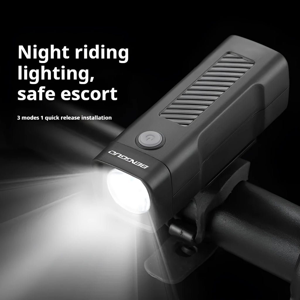 USB rechargeable bicycle headlight with quick-release strap on a handlebar.