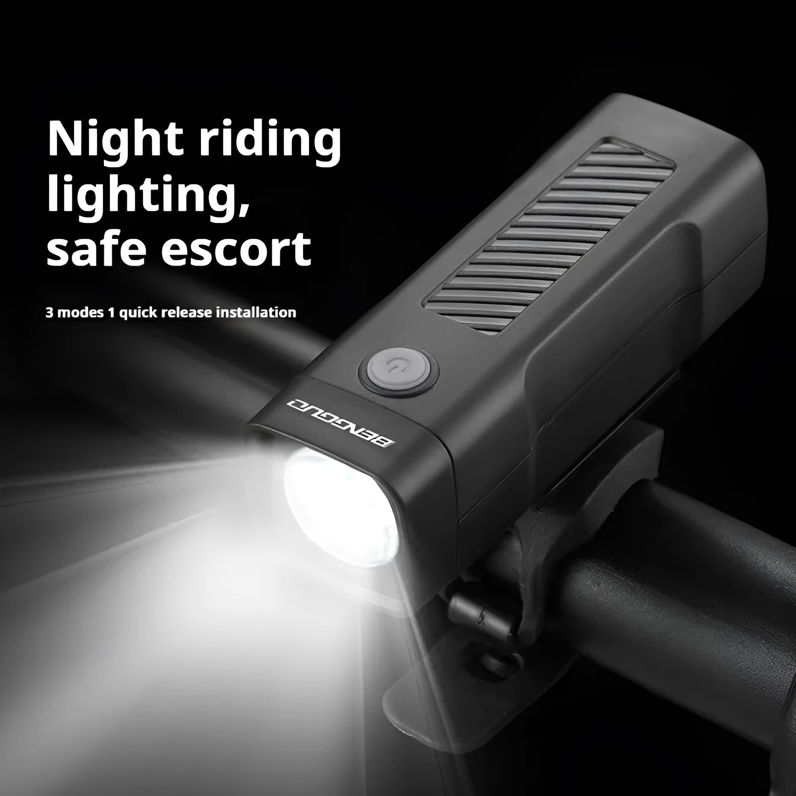 USB rechargeable bicycle headlight with quick-release strap on a handlebar.