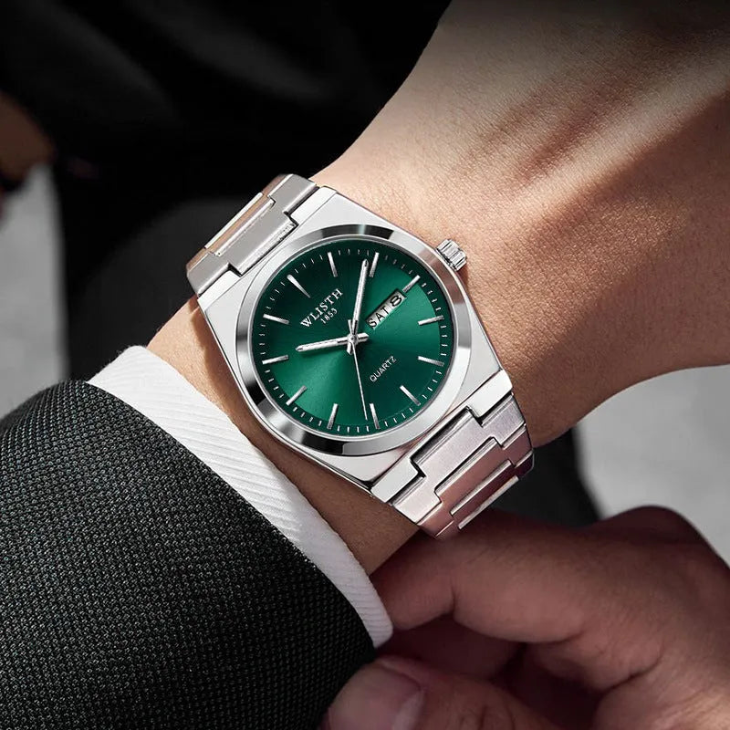 Ultra-thin 10mm men's quartz watch with luminous waterproof design, shown in full gold, black, green, white, blue shell, and silver stripe options.