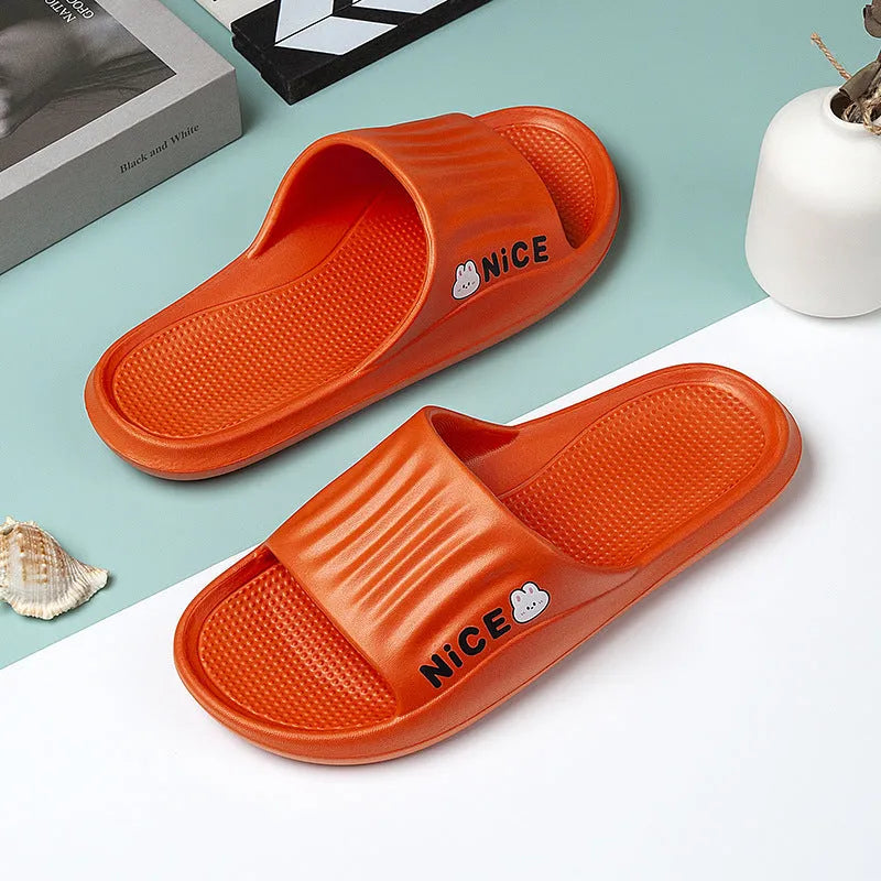 A pair of EVA flip flop slippers with a cartoon pattern, shown in one of six available colours.