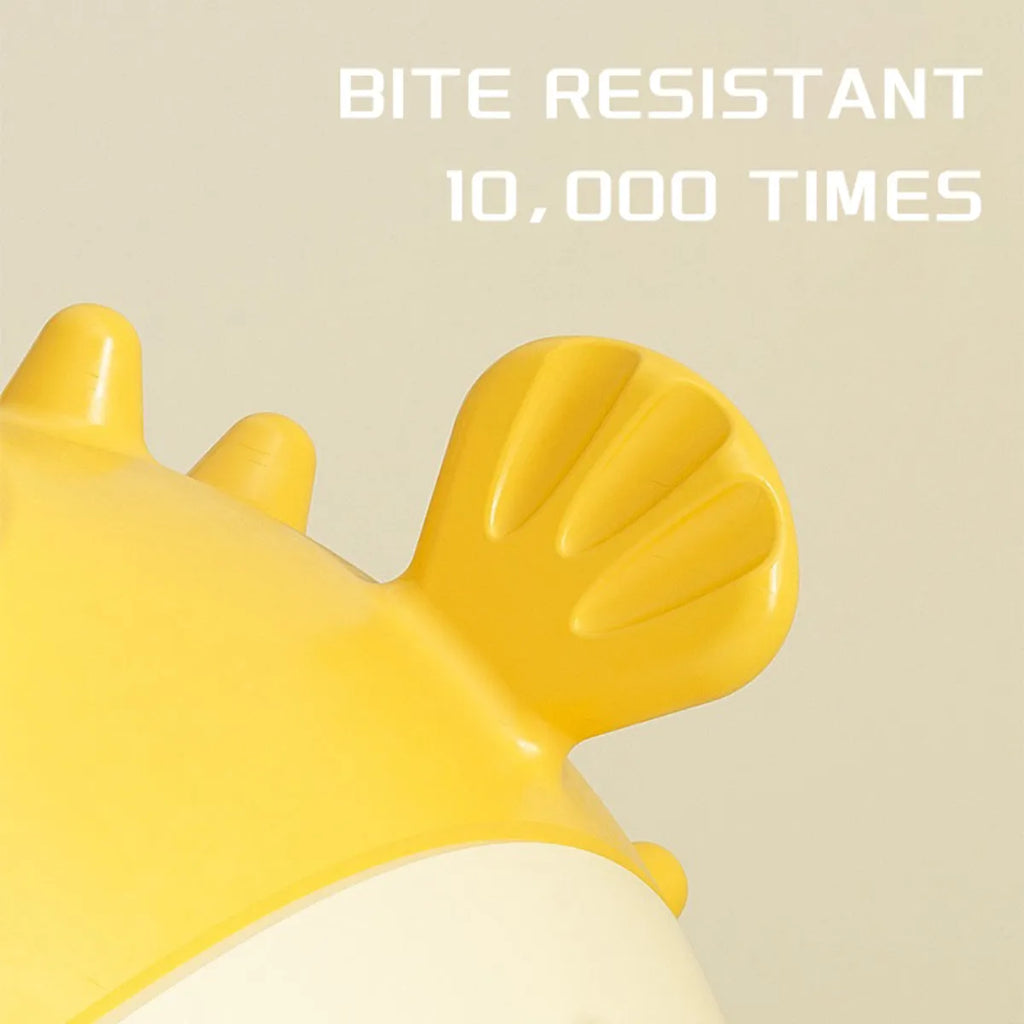 Yellow vinyl fish-shaped dog chew toy with textured surface for tough chewing and dental care.