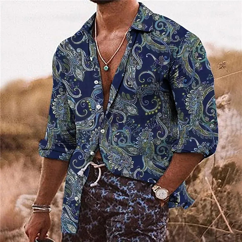 Men's loose fit long sleeve shirt with a colourful 3D floral pattern, on a model.