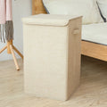 Foldable cotton linen storage basket in grey colour showing three-dimensional shape.