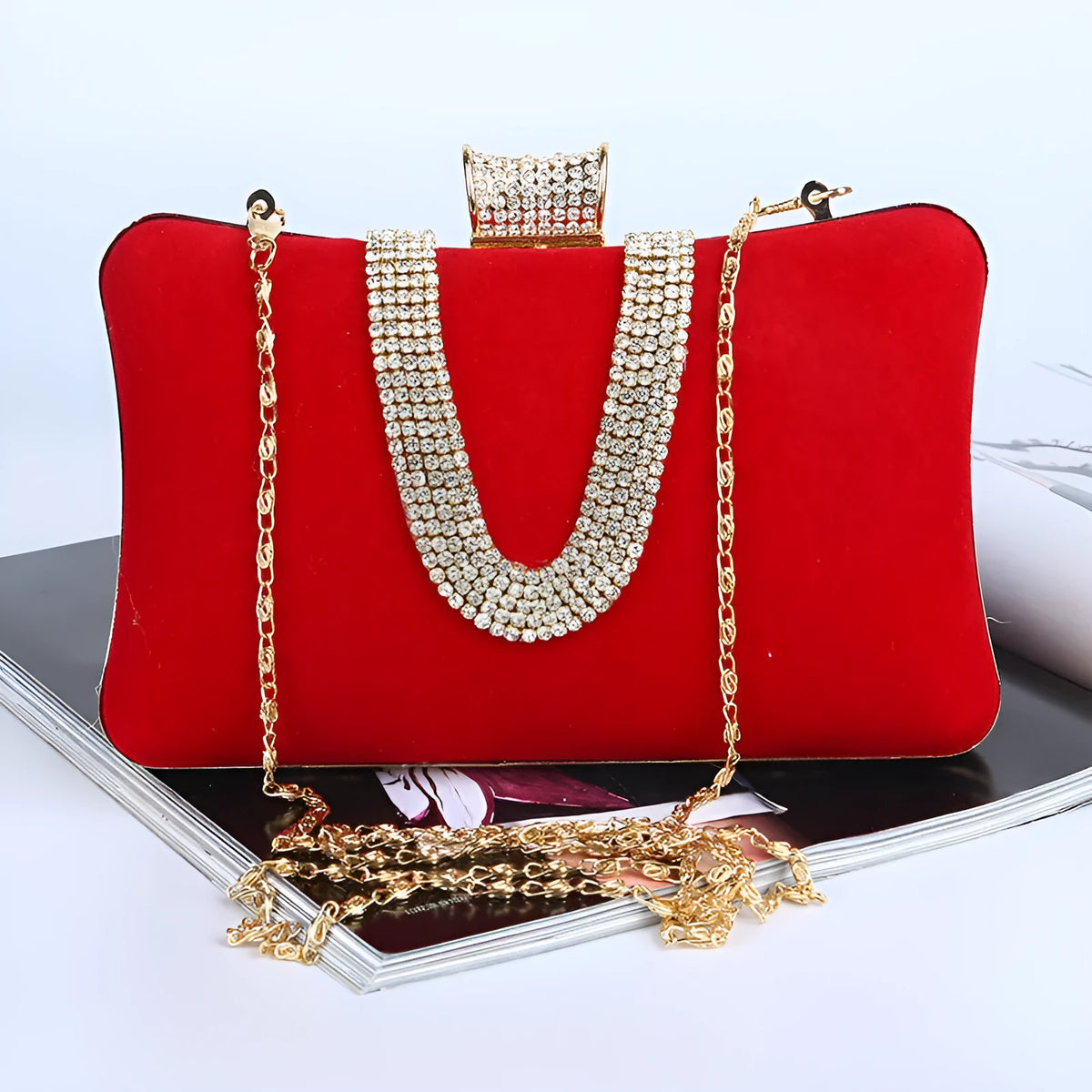Suede U-shaped diamond evening bag in drill chain satin velvet, 20cm x 6cm x 12cm, single shoulder strap, banquet use
