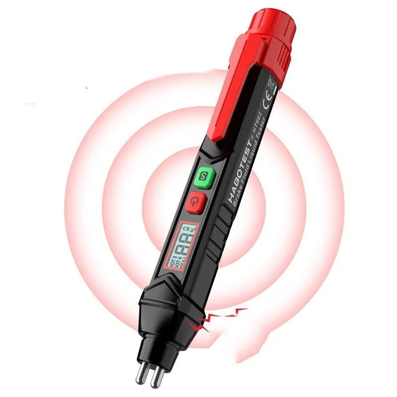 Digital brake fluid tester pen with LCD screen, batteries, and manual in box.