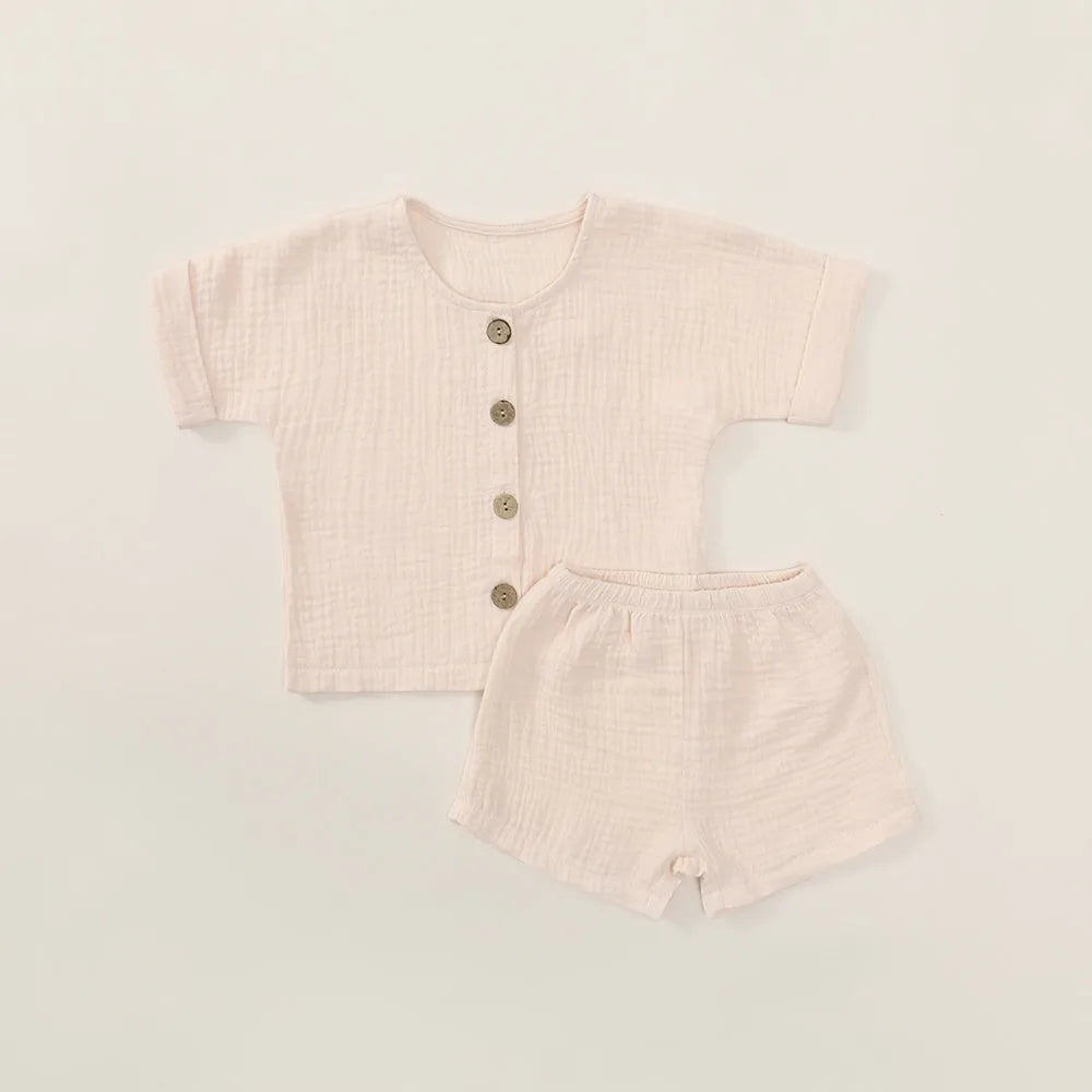 Children's 100% cotton short sleeve and trouser set in beige apricot or light green, sizes 73cm to 110cm