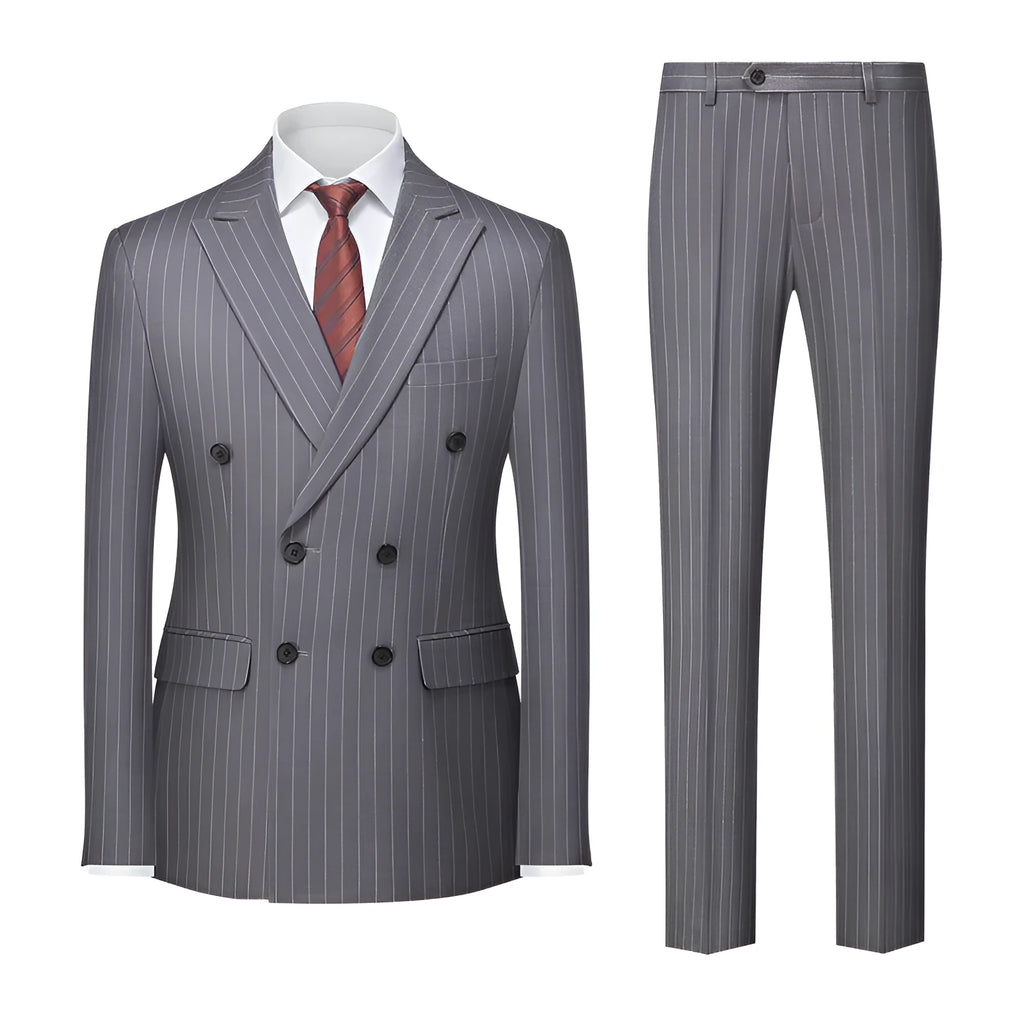 Men's slim fit striped double-breasted suit jacket and trousers on a hanger.