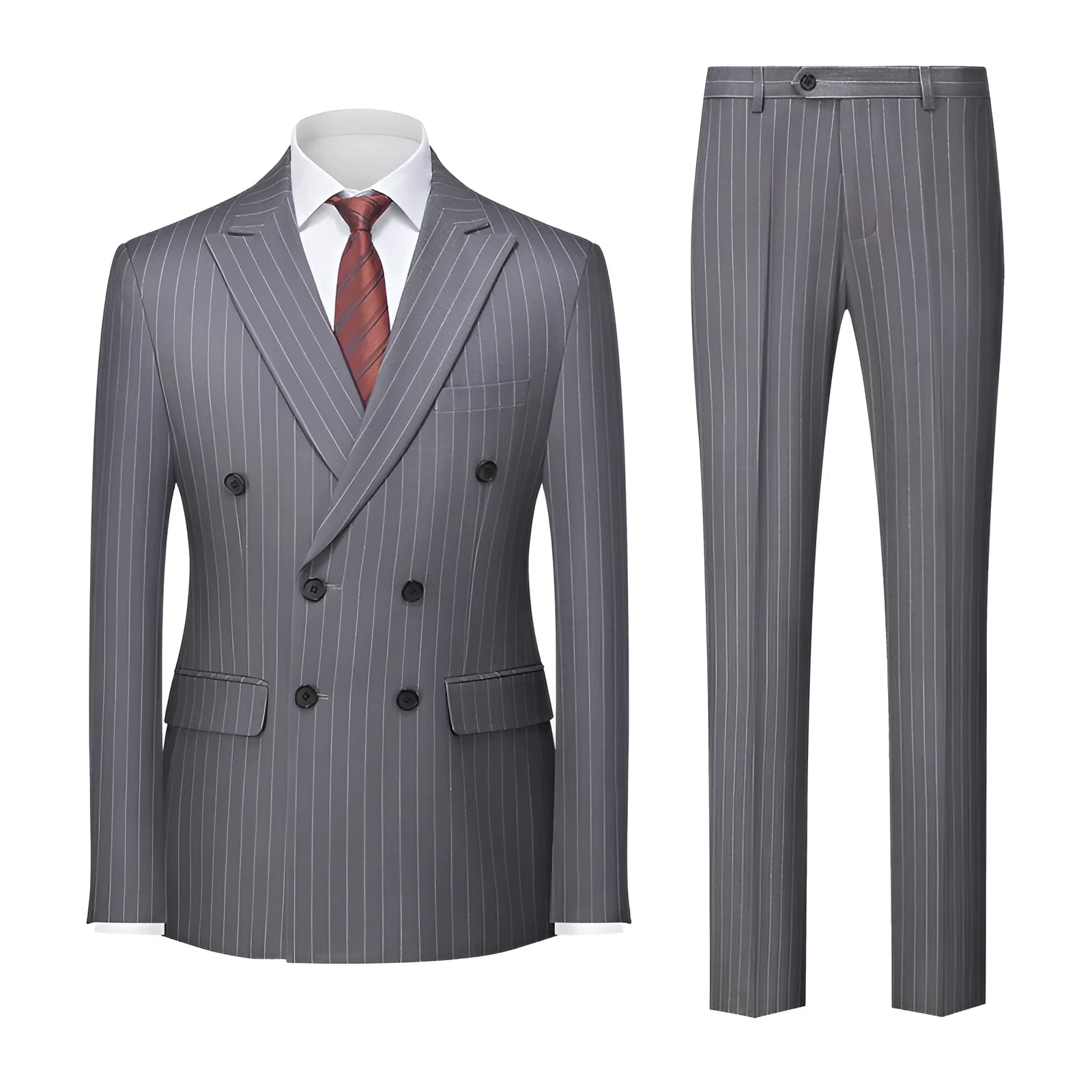 Men's slim fit striped double-breasted suit jacket and trousers on a hanger.