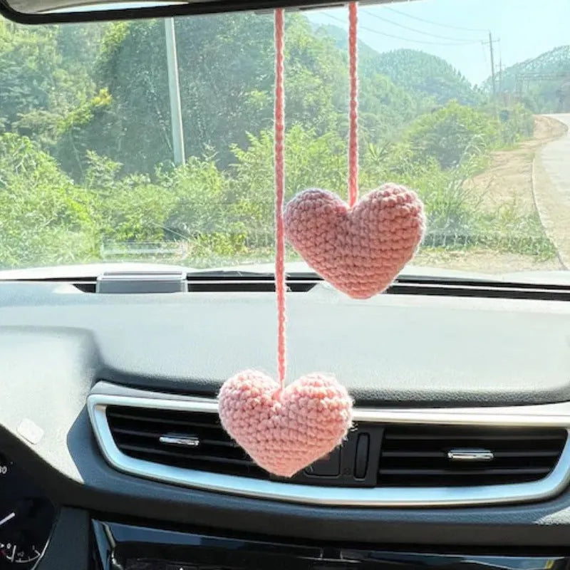 Knitted wool car plant decoration with green and white pattern, 8cm basin and hanging cord