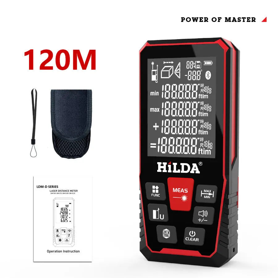 A handheld laser rangefinder with a plastics housing for distance measurement up to 120 metres.
